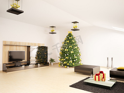 现代客厅内饰圣诞冷杉树3D渲染