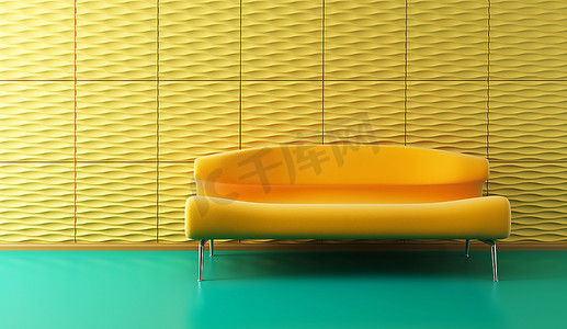 波普艺术3D内饰，黄色沙发和黄色墙壁