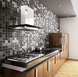 现代乌木厨房，带水槽、煤气灶和内饰3D