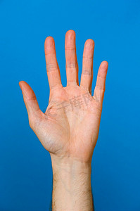 手掌摄影照片_蓝色背景上伸出的手掌。