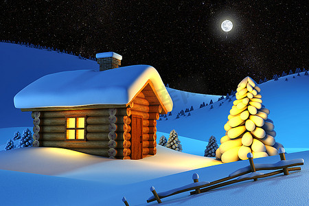 圣诞房子和冷杉树在雪漂移山景观
