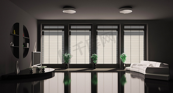 黑色客厅，白色沙发，内部3D渲染