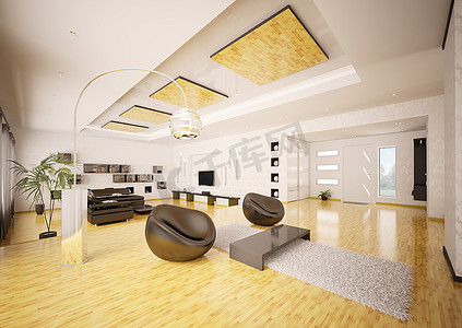 现代居室摄影照片_现代公寓居室内部客厅大厅3D渲染
