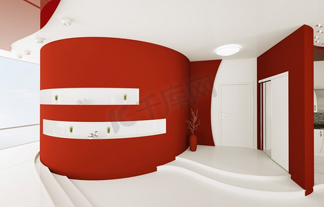 红色白色入口大厅现代室内设计3d渲染