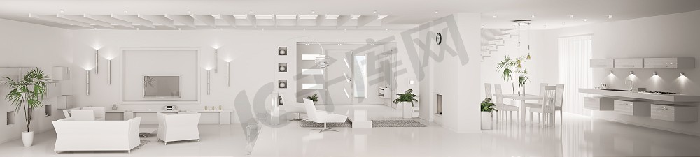 现代厨房设计摄影照片_白色家居现代公寓内部客厅厨房大厅全景3D渲染