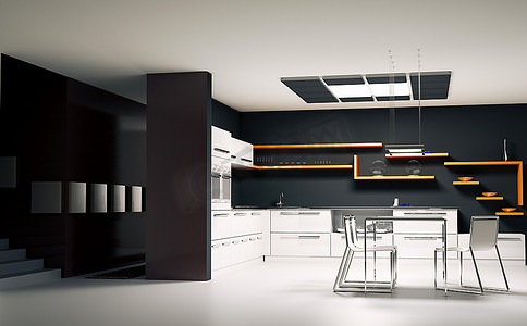 就餐机摄影照片_现代厨房内部3D渲染