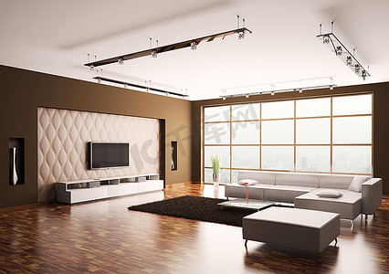 配有液晶显示屏和白色沙发的现代客厅，室内3D