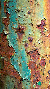 锈迹斑斑的金属表面剥落的旧油漆。
