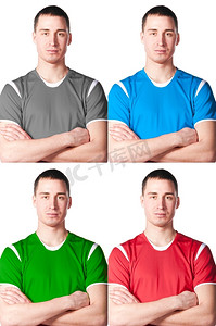 自信的足球运动员双手交叉，白色隔绝，四种颜色变化