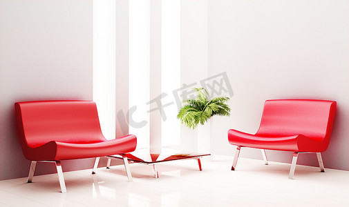白色房间中的两张扶手椅和桌子3D渲染