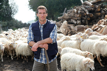 牧羊人站在草地上的羊群旁