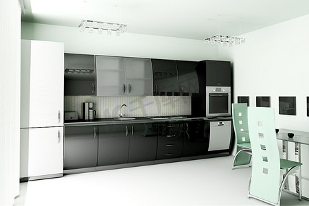 现代黑色厨房内部3D渲染