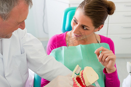 牙医用假牙向病人解释刷牙