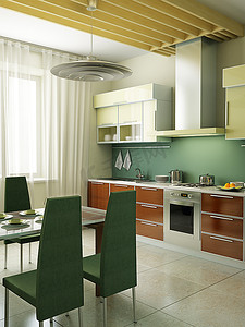 折衷主义摄影照片_现代厨房室内3D渲染