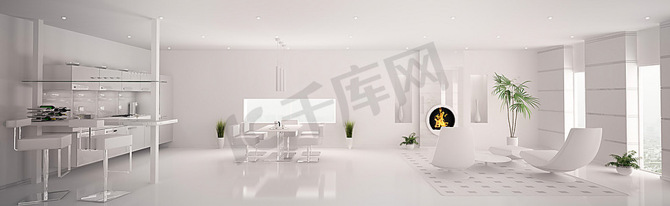 内部现代白色公寓客厅厨房全景3d渲染