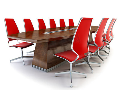 在白色背景上进行3D渲染的桌椅会议室