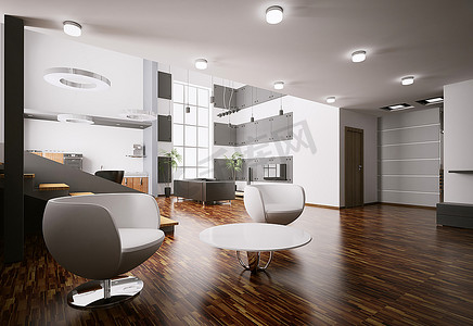 现代公寓内部客厅厨房大厅3D渲染