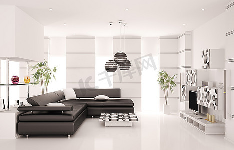 现代客厅与黑色沙发和LCD内部3d渲染