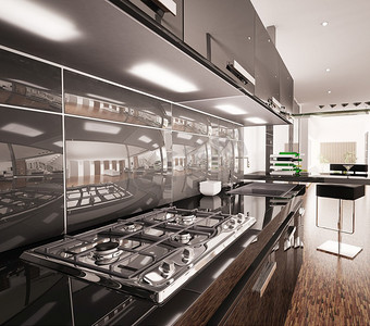 带有燃气灶的现代黑色厨房内部3D渲染
