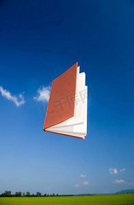钟齐志葬行书摄影照片_飞行书在一个明确的蓝天，垂直方向.为了避免版权问题，这本书的文字被模糊了。