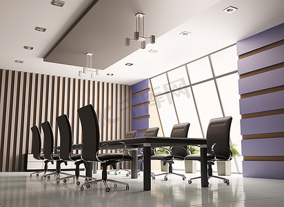 棕色3d摄影照片_带有八张扶手椅的会议室内部3D渲染