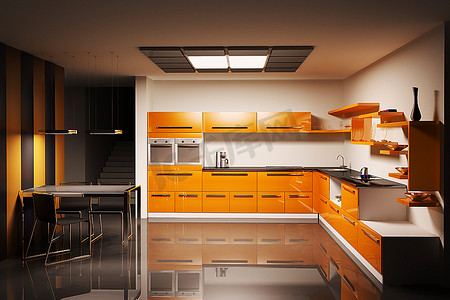 现代厨房内部3D渲染