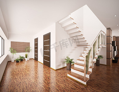 楼梯渲染摄影照片_采用楼梯3D渲染的现代门厅内部