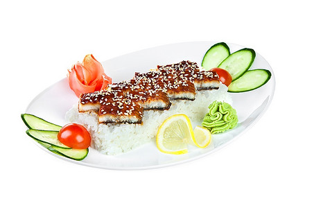 unagi摄影照片_日本料理--白色背景的Unagi生鱼片