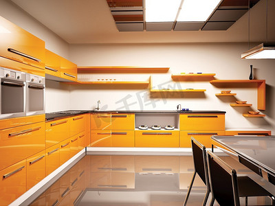 现代橙色厨房内部3D渲染