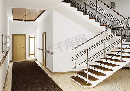 带有楼梯3D渲染的现代大厅内部