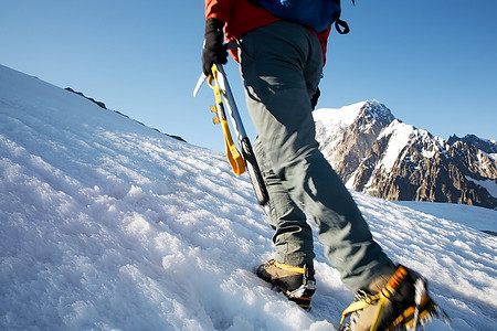 日落时在冰川上行走的登山者，背景是意大利勃朗峰南侧-法国