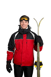 冬天装备摄影照片_穿着滑雪服的男子站在白色背景上
