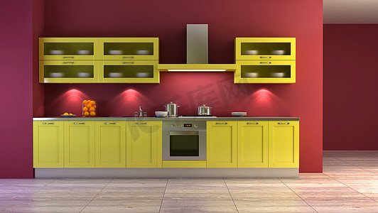 波普艺术风格的厨房内部3D渲染