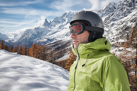 戴着滑雪护目镜和头盔的年轻高加索滑雪者的肖像。背景是一幅冬季高山景观。