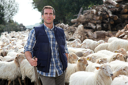 饲养员摄影照片_牧羊人站在草地上的羊群旁