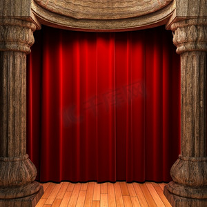 红色天鹅绒窗帘在3D制作的旧木柱后面