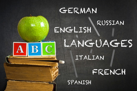 青苹果和ABC在旧书上对着黑板，画出了学习语言的计划。学校理念