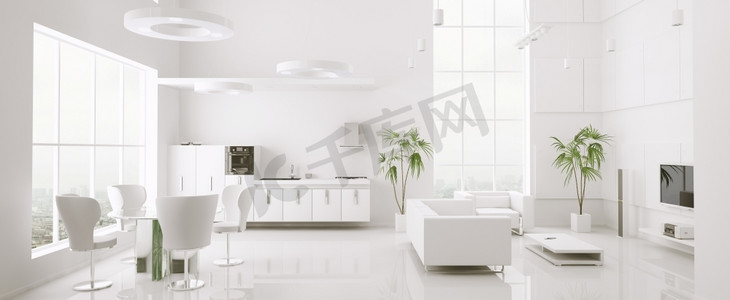 地板客厅摄影照片_现代白色公寓内部客厅厨房3D渲染