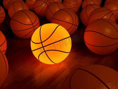 篮球比赛球在硬木地板上发光(3D)