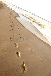 沙滩脚印摄影照片_近水沙滩上的海洋足迹