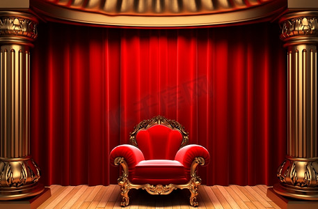 红色天鹅绒窗帘、金色立柱和3D椅子