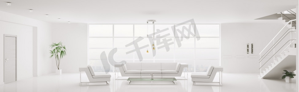 现代公寓白色家居内部客厅全景3D渲染