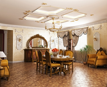 豪华古典风格的客厅室内（3D效果图）