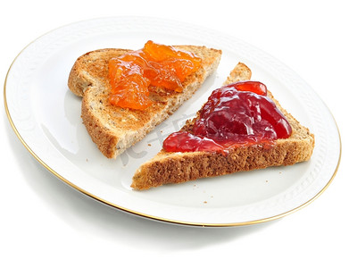 血橙果酱摄影照片_烤面包和果酱放在盘子里
