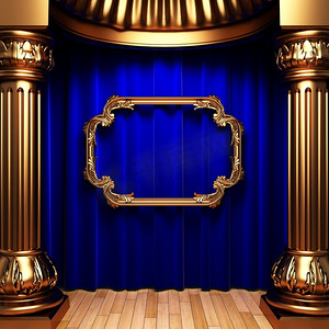 3D制作的蓝色窗帘、金色柱子和框架
