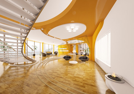 现代公寓客厅大厅的室内设计3D渲染