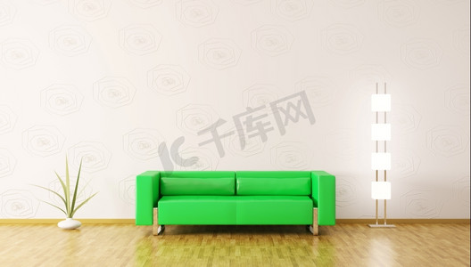 带有绿色沙发的现代客房内部3D渲染