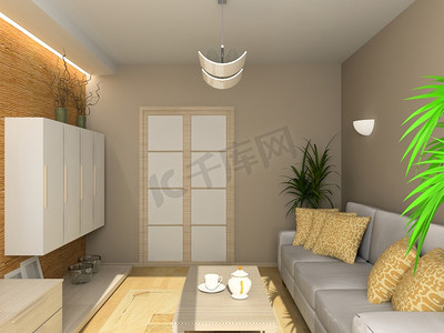起居室三维摄影照片_现代起居室的内部。3D渲染