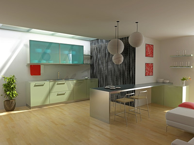 阁楼公寓的现代厨房（3D）