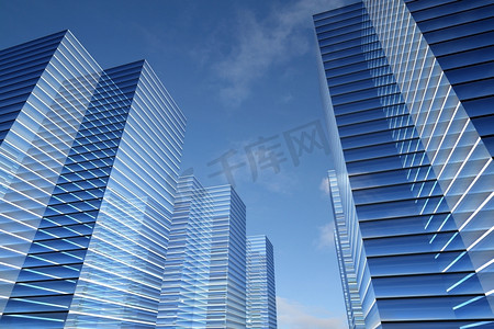 青色公益摄影照片_天空中的摩天大楼3D商业概念